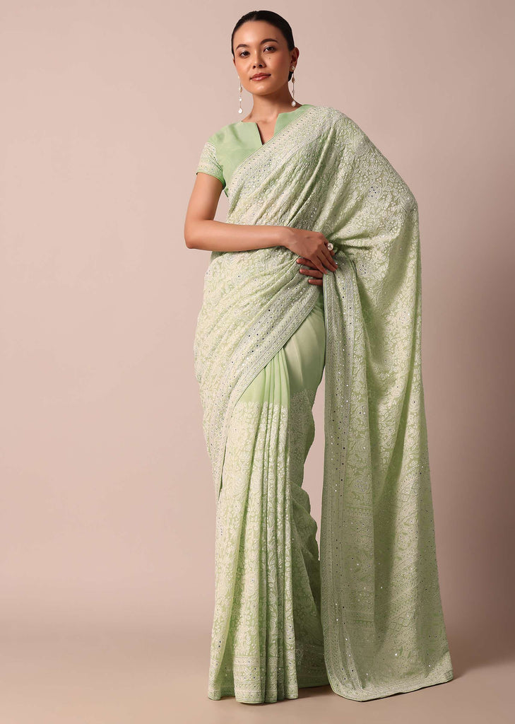 Green Lucknowi Sequin Saree With Chikankari Work And Unstitched Blouse Piece