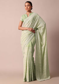 Green Lucknowi Sequin Saree With Chikankari Work And Unstitched Blouse Piece