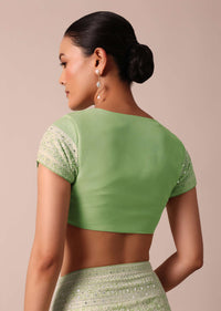 Green Lucknowi Sequin Saree With Chikankari Work And Unstitched Blouse Piece