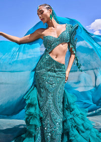 Green Mermaid Net Organza Fish Cut Gown