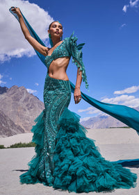 Green Mermaid Net Organza Fish Cut Gown