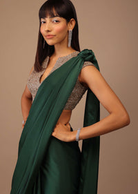 Deep Green Milano Satin Saree With V Neck Embroidered Crop Top