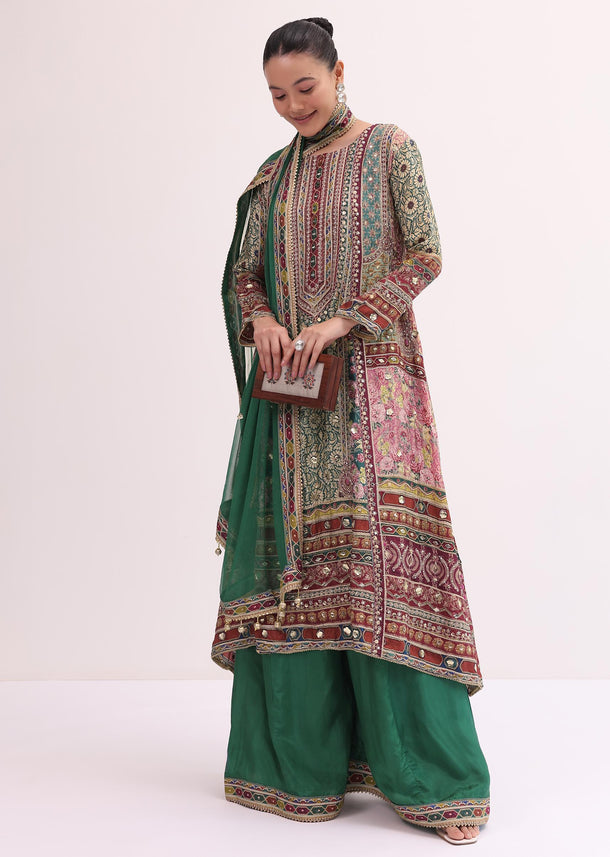 Green Multicoloured Kurta Palazzo Set