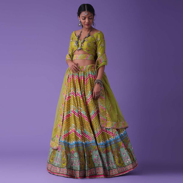 Apple Multicoloured Printed Lehenga With Embroidery In Cotton Silk