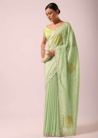 Green Muslin Saree With Bandhani Gota Patti Work