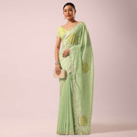 Green Muslin Saree With Bandhani Gota Patti Work