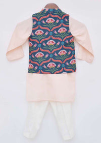 Kalki Boys Green Nehru Jacket And Peach Kurta Set In Cotton With Floral Print By Fayon Kids