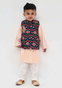 Kalki Boys Green Nehru Jacket And Peach Kurta Set In Cotton With Floral Print By Fayon Kids