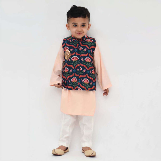 Kalki Boys Green Nehru Jacket And Peach Kurta Set In Cotton With Floral Print By Fayon Kids