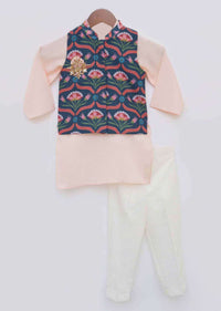 Kalki Boys Green Nehru Jacket And Peach Kurta Set In Cotton With Floral Print By Fayon Kids