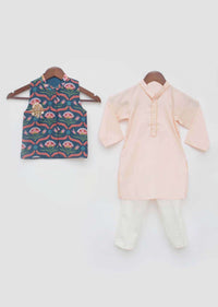 Kalki Boys Green Nehru Jacket And Peach Kurta Set In Cotton With Floral Print By Fayon Kids