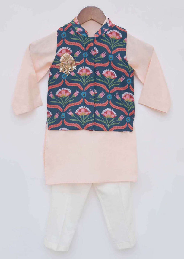 Kalki Boys Green Nehru Jacket And Peach Kurta Set In Cotton With Floral Print By Fayon Kids