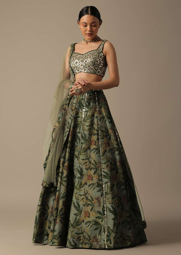 Green Net Lehenga Set With Foil Leather Work