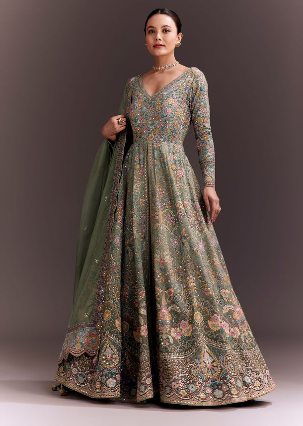 Green Ombre Embroidered Anarkali With Organza Dupatta