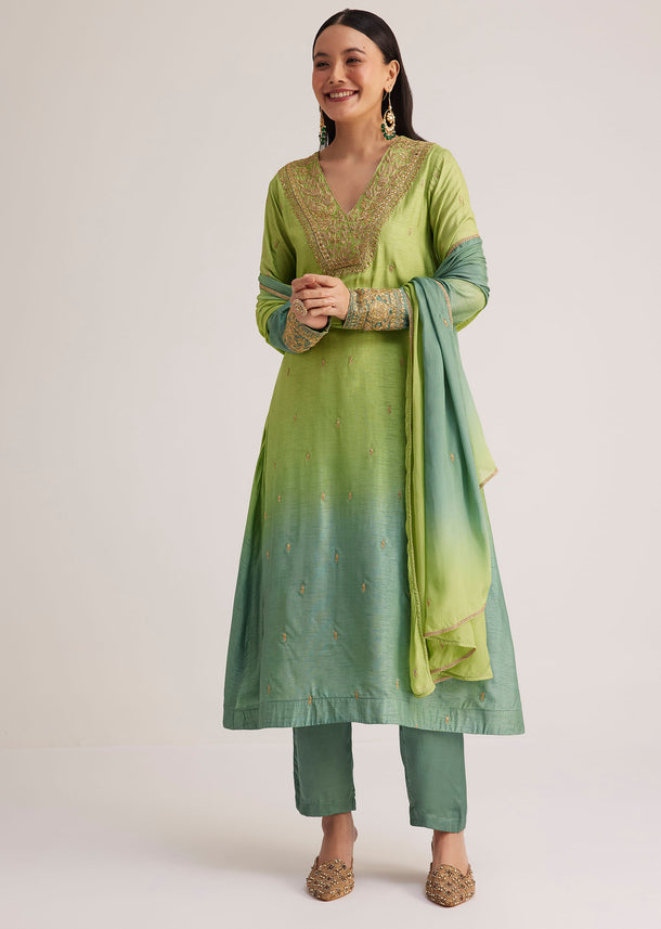 Green Ombre Embroidered Suit With Dupatta