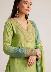 Green Ombre Embroidered Suit With Dupatta