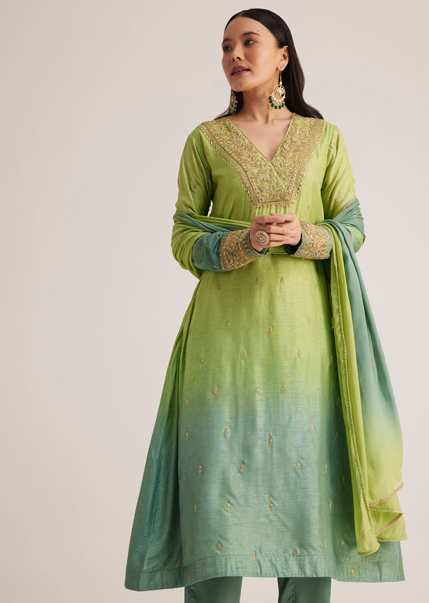 Green Ombre Embroidered Suit With Dupatta