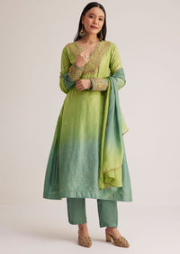 Green Ombre Embroidered Suit With Dupatta