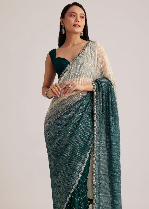 Green Ombre Saree With Sequins And Scallop Embroidery