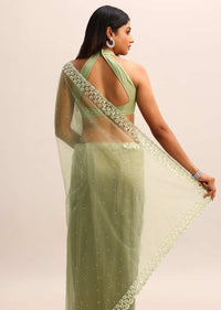 Green Organza Cutdana Saree With Unstitched Blouse