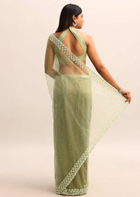 Green Organza Cutdana Saree With Unstitched Blouse