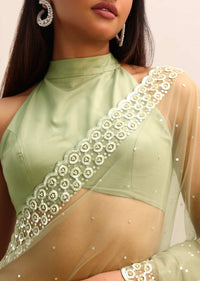 Green Organza Cutdana Saree With Unstitched Blouse