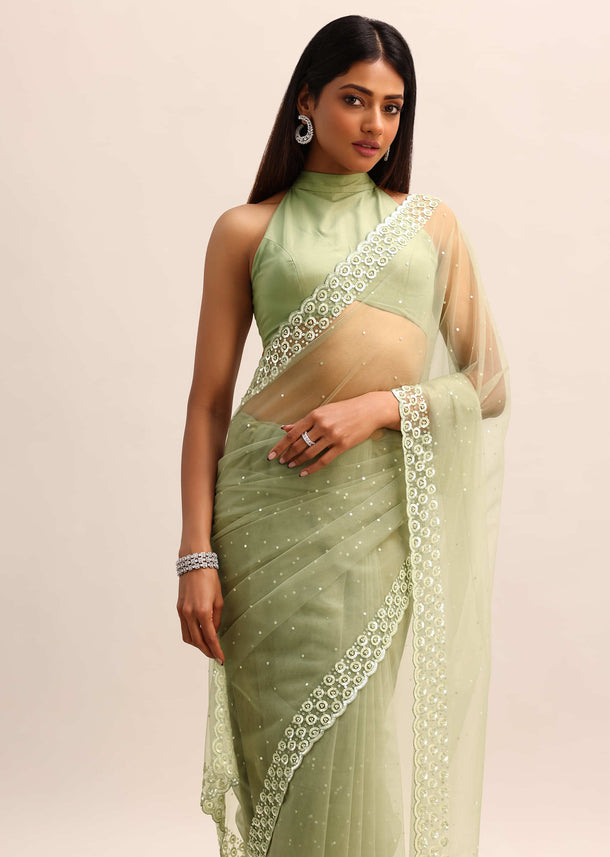 Green Organza Cutdana Saree With Unstitched Blouse