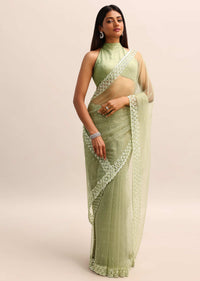 Green Organza Cutdana Saree With Unstitched Blouse