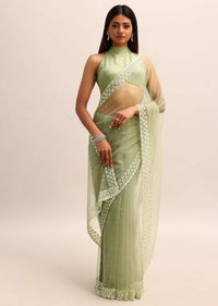 Green Organza Cutdana Saree With Unstitched Blouse