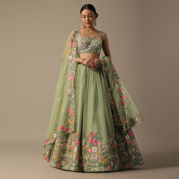 Green Organza Embroidered Lehenga Set With Floral Motifs