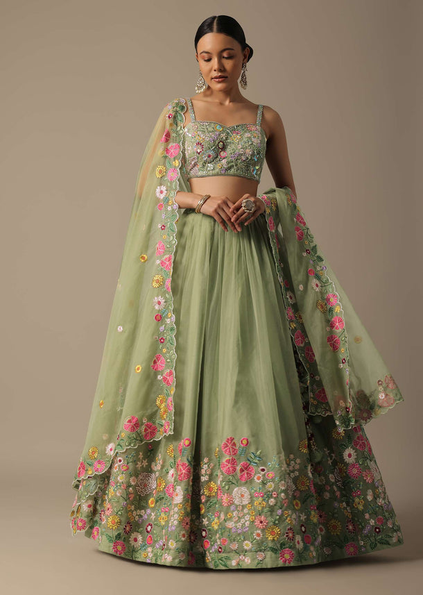 Green Organza Embroidered Lehenga Set With Floral Motifs