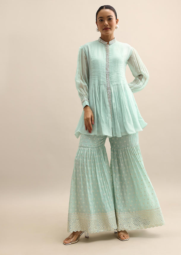 Green Organza Kurta And Sharara Set