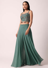 Green Organza Palazzo Set With Printed Jacket