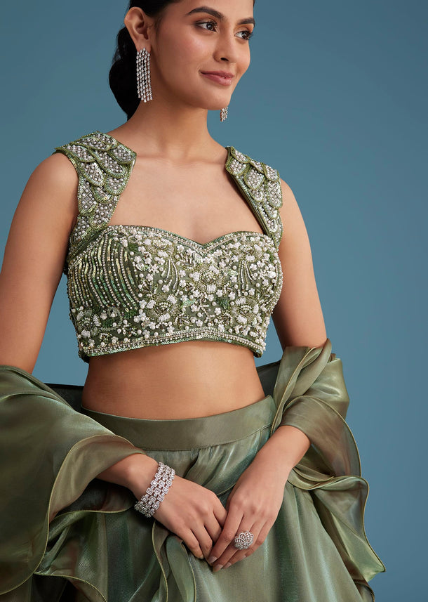 Green Organza Ruffle Lehenga Set With Embellished Blouse