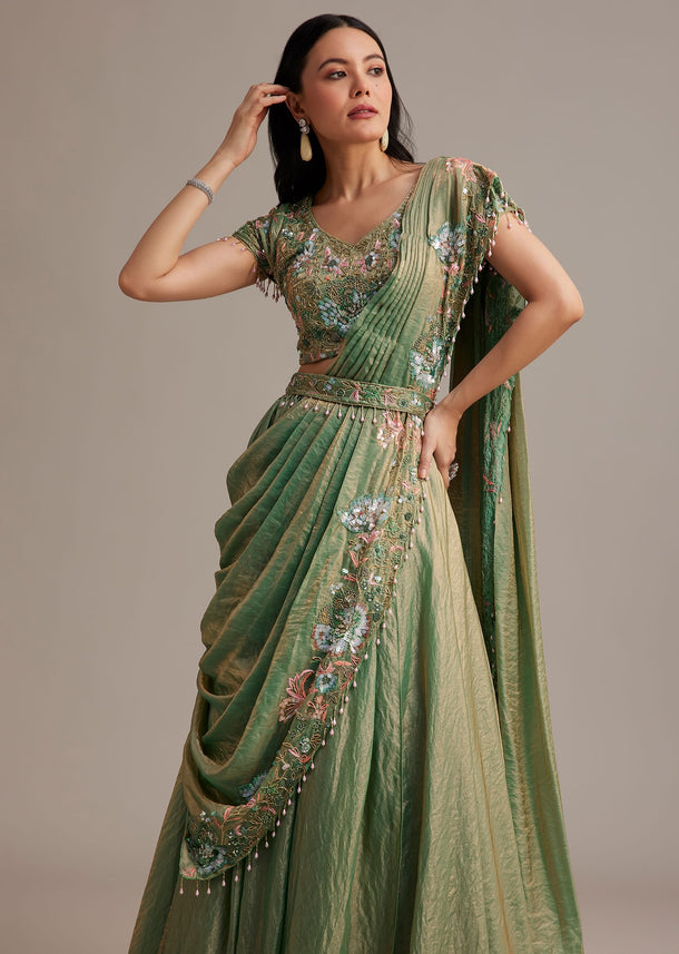 Green Organza Tissue Lehenga Set With Sequins And Bead Work