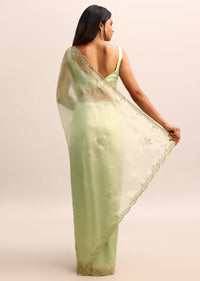 Green Organza Tissue Saree With Unstitched Blouse