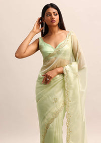 Green Organza Tissue Saree With Unstitched Blouse