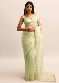 Green Organza Tissue Saree With Unstitched Blouse