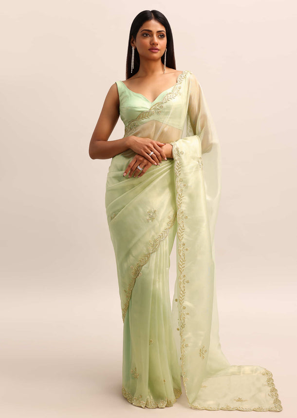 Green Organza Tissue Saree With Unstitched Blouse