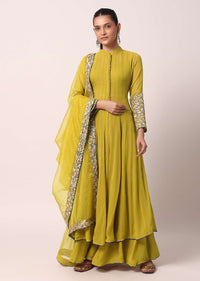 Green Palazzo Set With Embroidered Anarkali