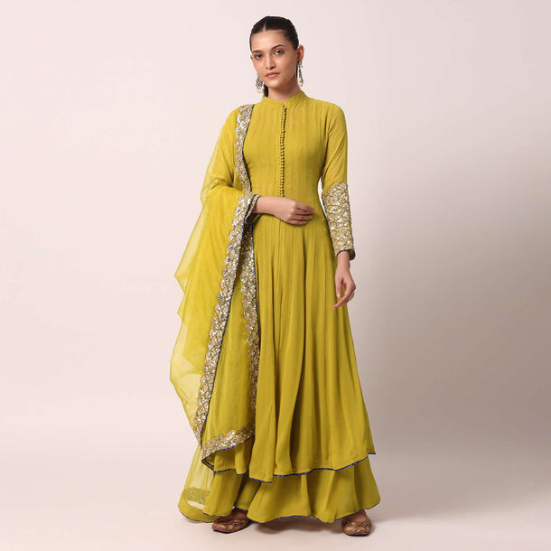 Green Palazzo Set With Embroidered Anarkali
