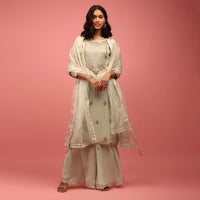 Light Green Palazzo Suit Hand Embroidered In Georgette With Zardosi, Sequins And Gotta Work