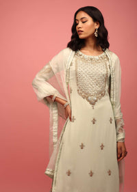 Light Green Palazzo Suit Hand Embroidered In Georgette With Zardosi, Sequins And Gotta Work