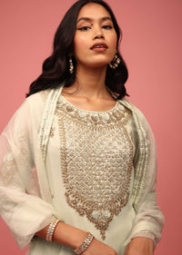 Light Green Palazzo Suit Hand Embroidered In Georgette With Zardosi, Sequins And Gotta Work