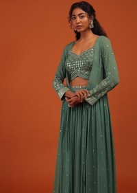 Green Palazzo Suit In Georgette With Machine Embroidery