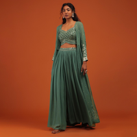 Green Palazzo Suit In Georgette With Machine Embroidery