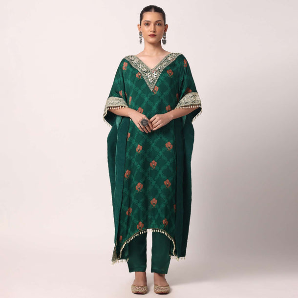 Green Pant Set With Gota Embroidered Kaftan Kurta