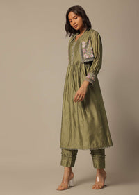 Green Pant Set With Resham Work