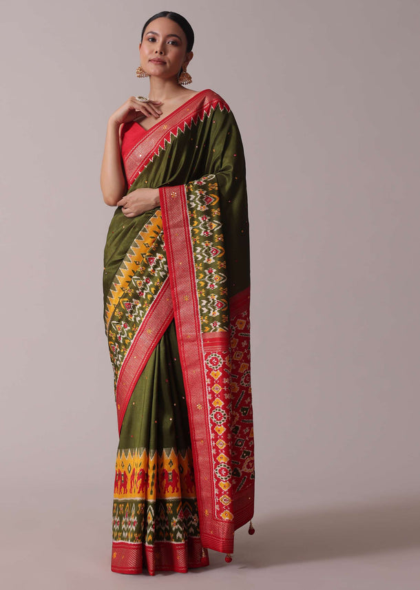 Green Patola Printed Embroidered Festive Saree In Dola Silk