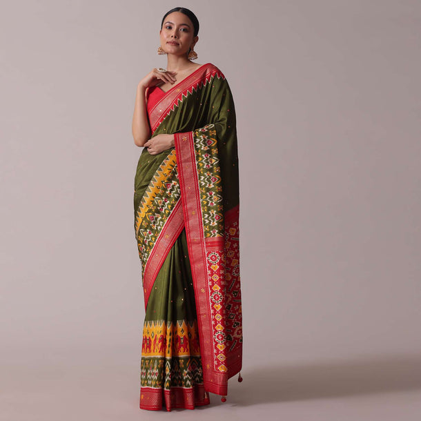 Green Patola Printed Embroidered Festive Saree In Dola Silk